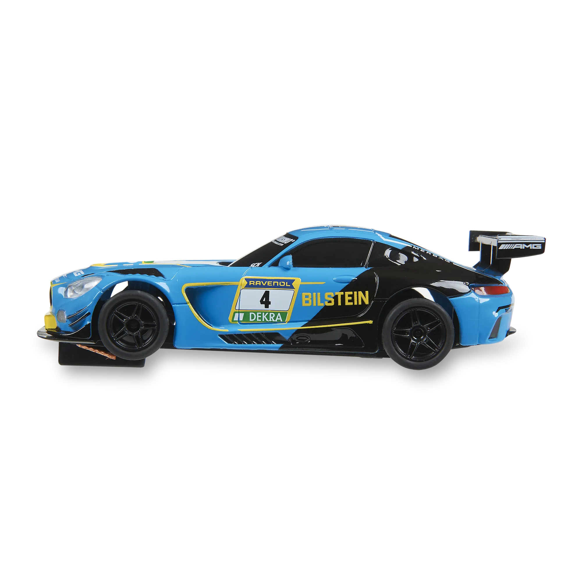 Un coche de carreras azul y negro con logotipos de patrocinadores y el número 4. Ruedas negras. Fondo blanco.