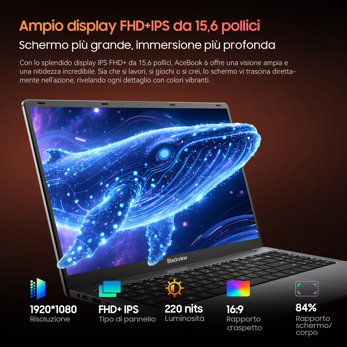 Un laptop con un'immagine di balena sullo schermo. Le specifiche includono display da 15,6 pollici, risoluzione 1920x1080 e rapporto schermo-corpo dell'84%.