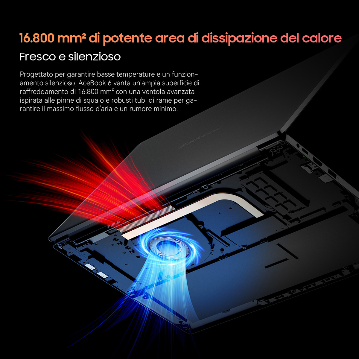 Dettaglio del sistema di raffreddamento del laptop. Grafica del flusso d'aria rosso/blu, che mostra la dissipazione del calore. Il testo descrive le caratteristiche.