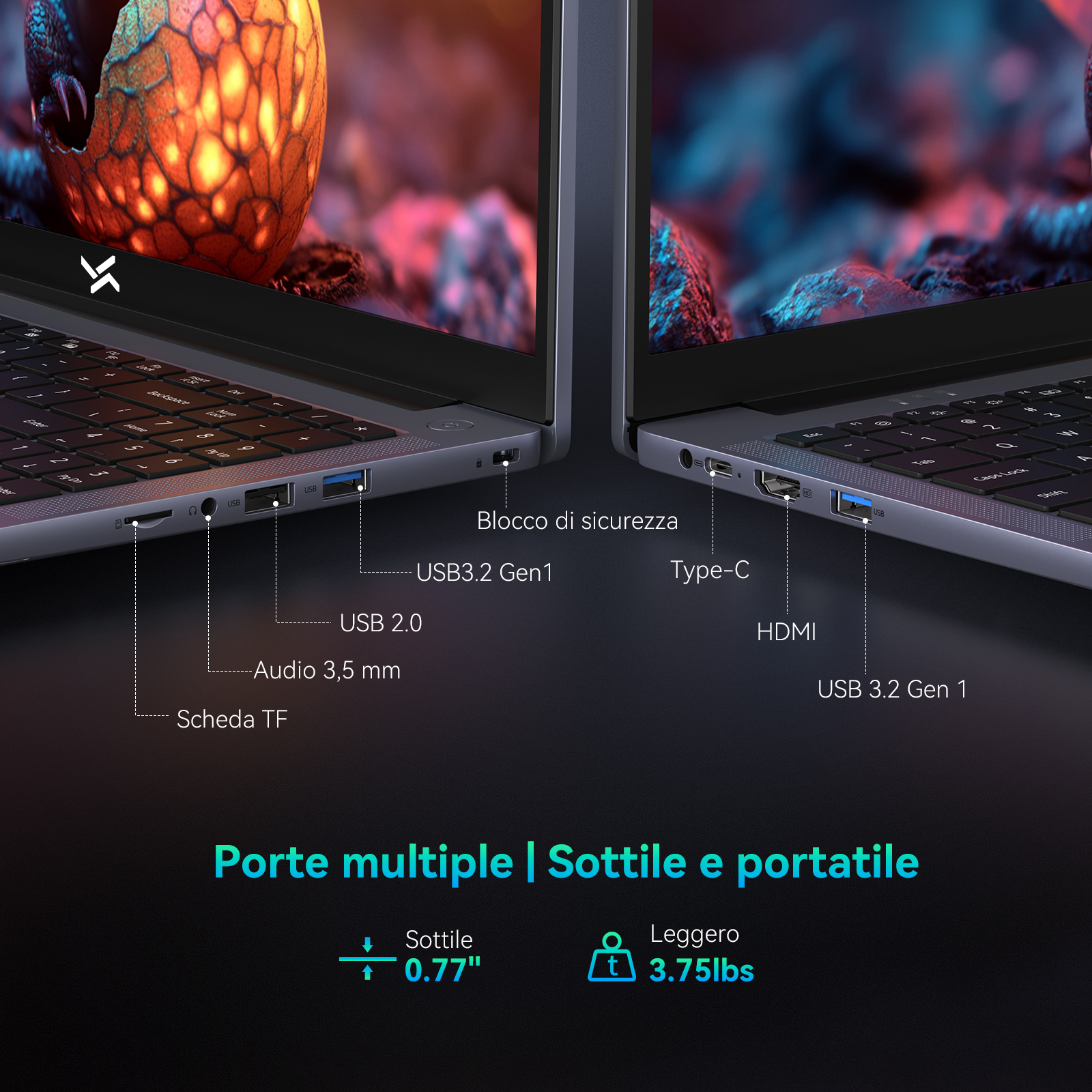 Vengono visualizzati due laptop con varie porte. Il testo evidenzia le porte USB, HDMI e altre opzioni di connessione. Il design è elegante e portatile.