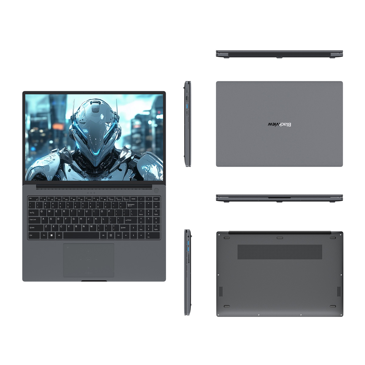 Un laptop grigio con schermo robot. Sono mostrate varie viste del laptop, inclusa la tastiera e il retro.
