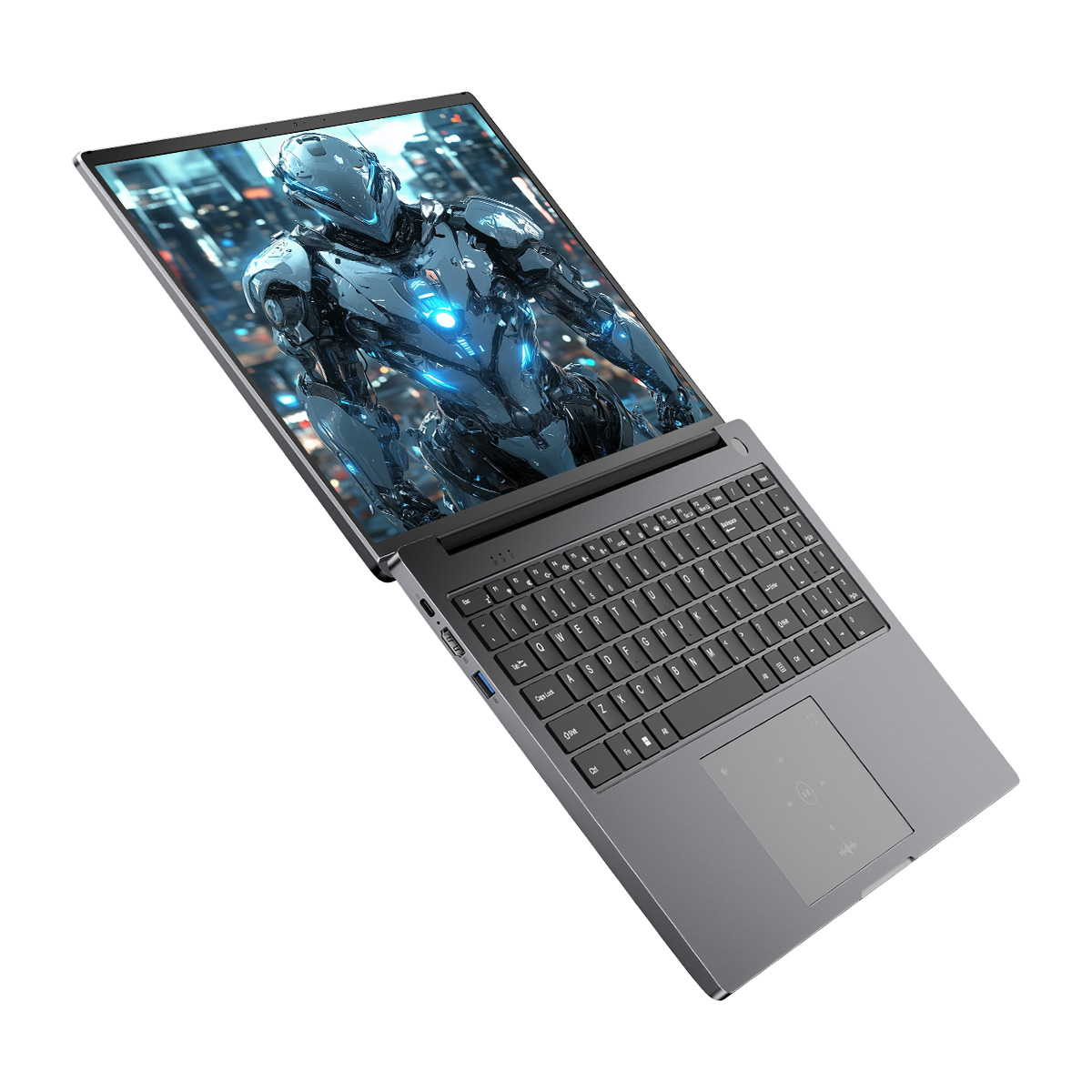 Un laptop grigio è aperto, mostrando un robot futuristico sullo schermo. Tastiera e touchpad visibili. Sfondo bianco.