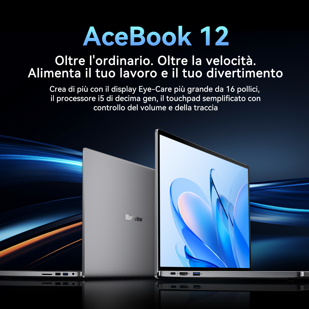 Laptop AceBook 12 in mostra. Uno aperto con schermo blu e bianco. Gli altri chiusi, grigi con logo Blackview.