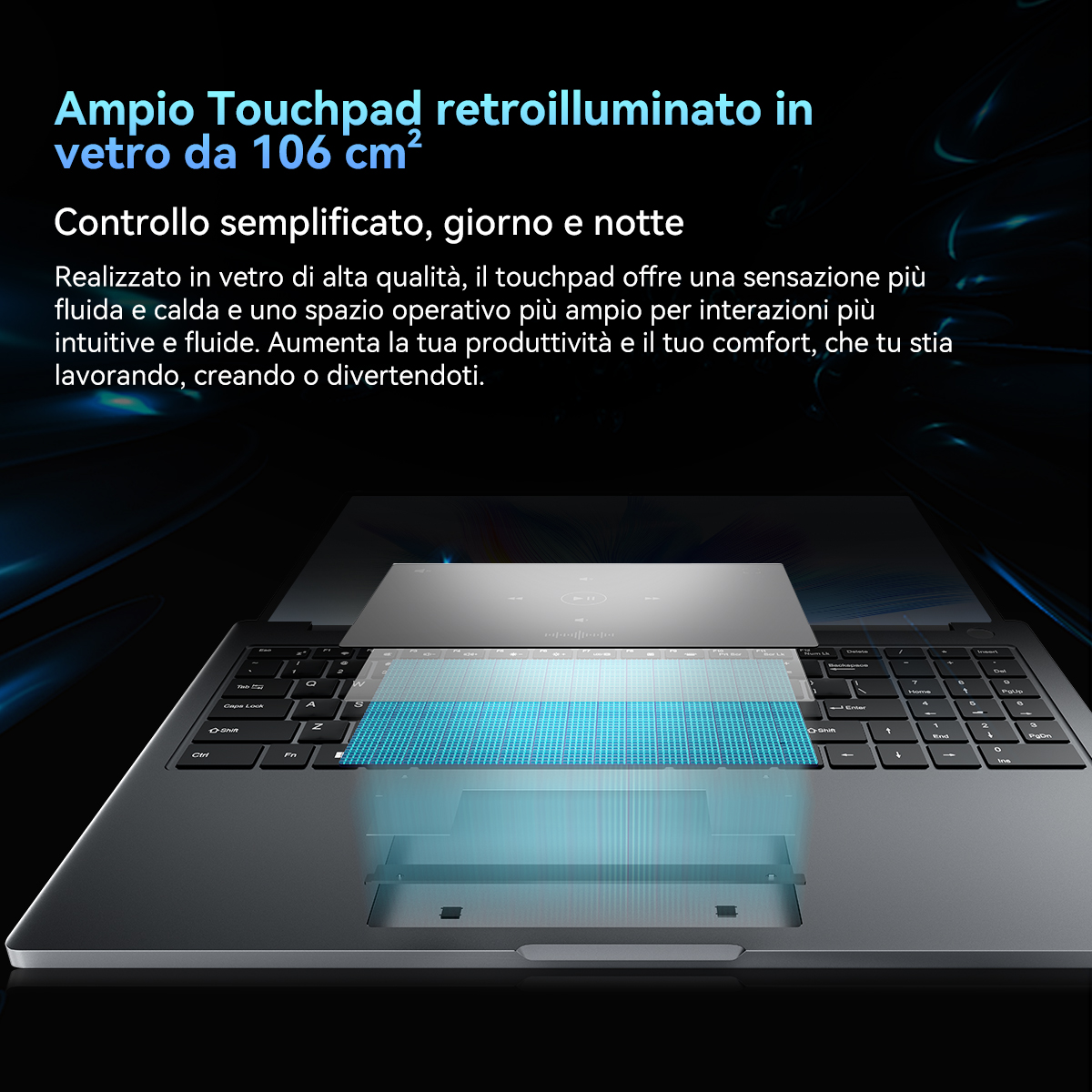 Viene mostrato un laptop con touchpad retroilluminato. L'area del touchpad è illuminata con una luce blu, che ne mostra le dimensioni.