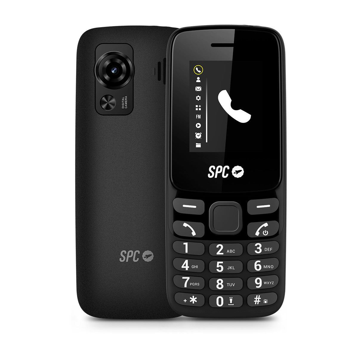 Dos teléfonos SPC negros. Uno muestra una pantalla de llamada. El otro tiene una cámara. Ambos teléfonos tienen teclados y el logotipo de SPC.