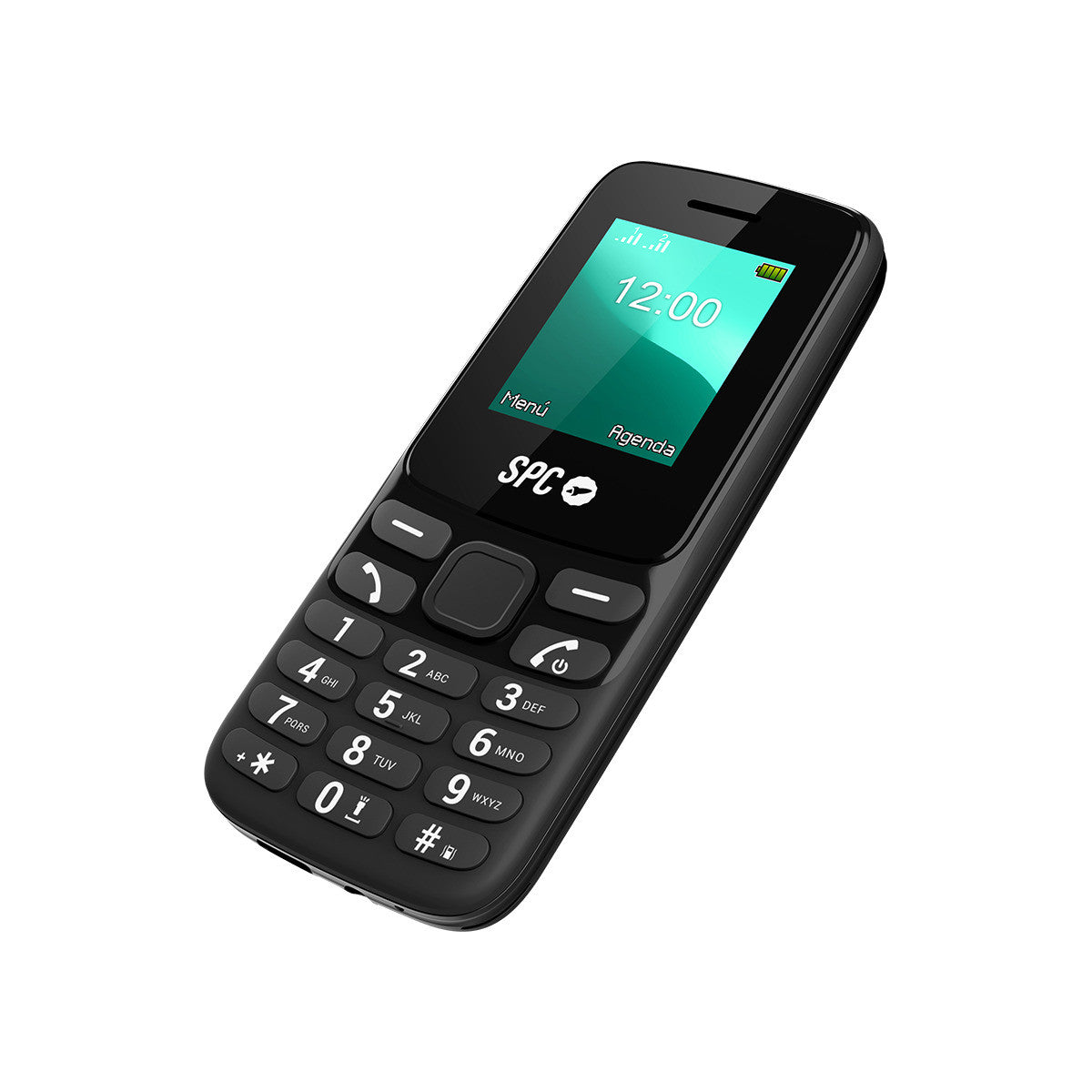 Un teléfono móvil SPC negro con una pantalla que muestra las 12:00. Tiene un teclado con números y teclas de función. El fondo es blanco.