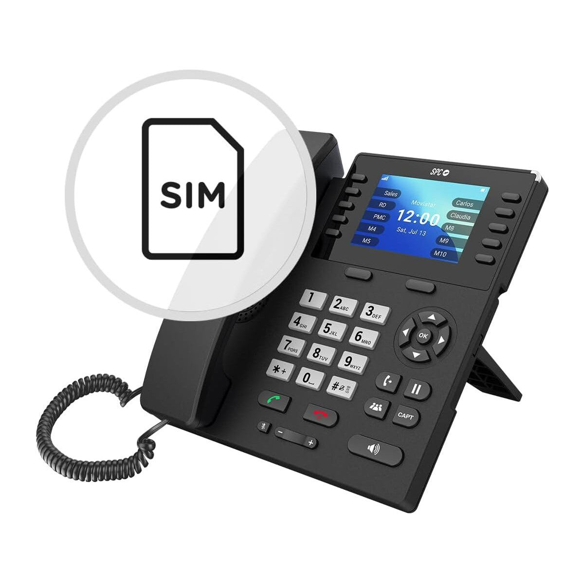 Un teléfono de oficina negro con un icono de tarjeta SIM. La pantalla muestra la hora e información de llamadas. Se ven el teclado y el auricular.