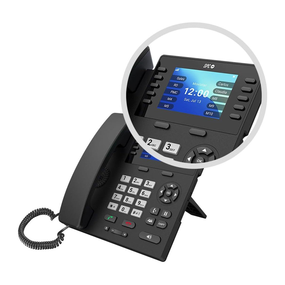 Un teléfono fijo negro con una pantalla que muestra la hora y detalles de la llamada, circulado por un contorno blanco.