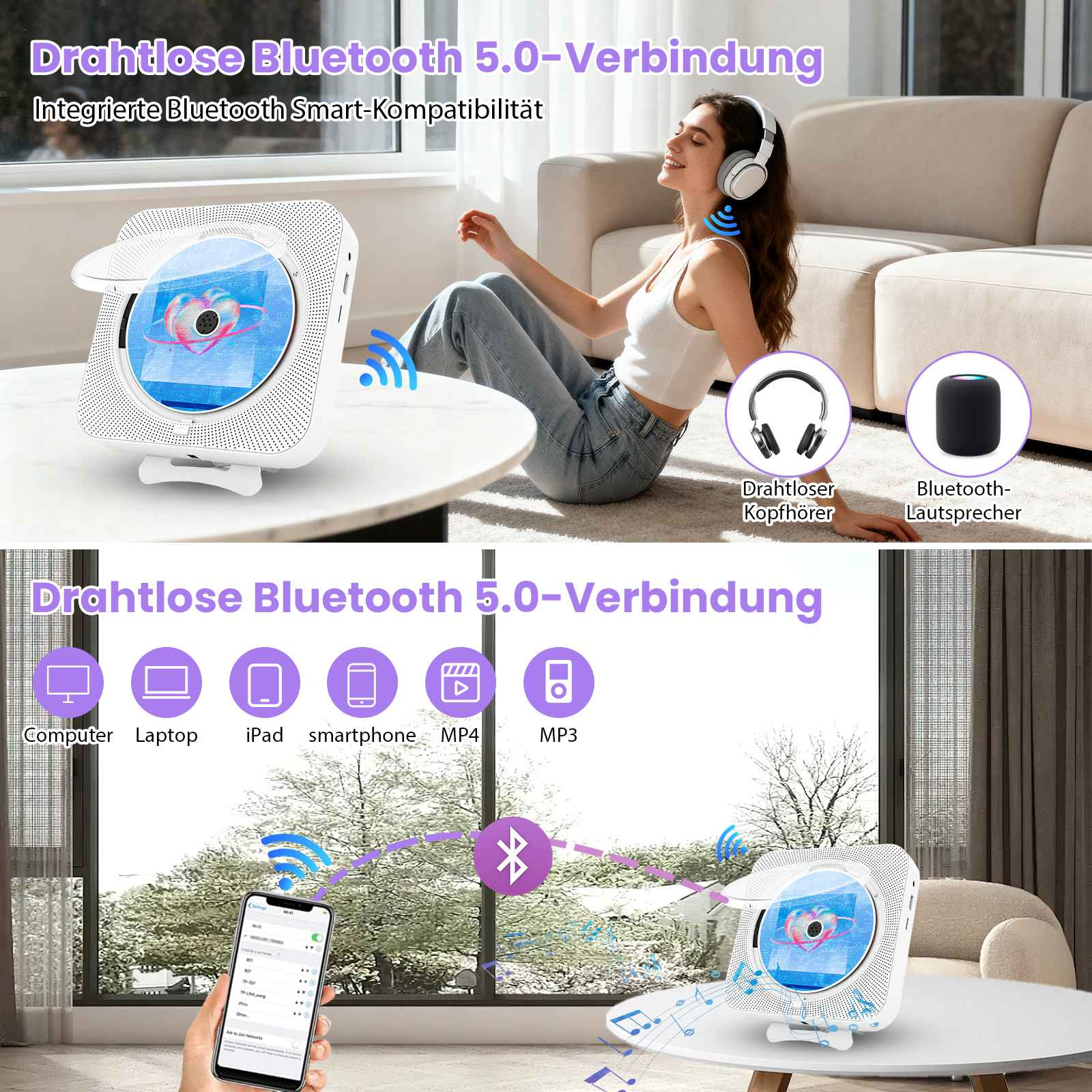 Eine Frau mit Kopfhörern sitzt in der Nähe eines CD-Players. Das Bild zeigt verschiedene Geräte, die über Bluetooth verbunden sind.