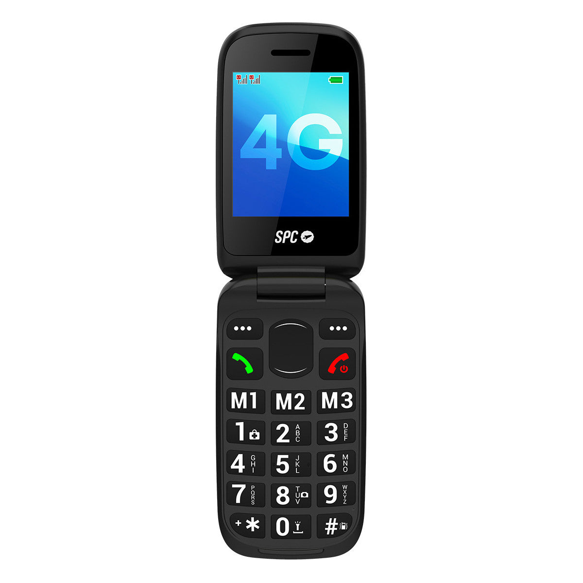 Ein schwarzes Klapphandy mit einem Bildschirm mit der Aufschrift '4G'. Es hat große Tasten und ein einfaches Design. Das Telefon ist geöffnet.