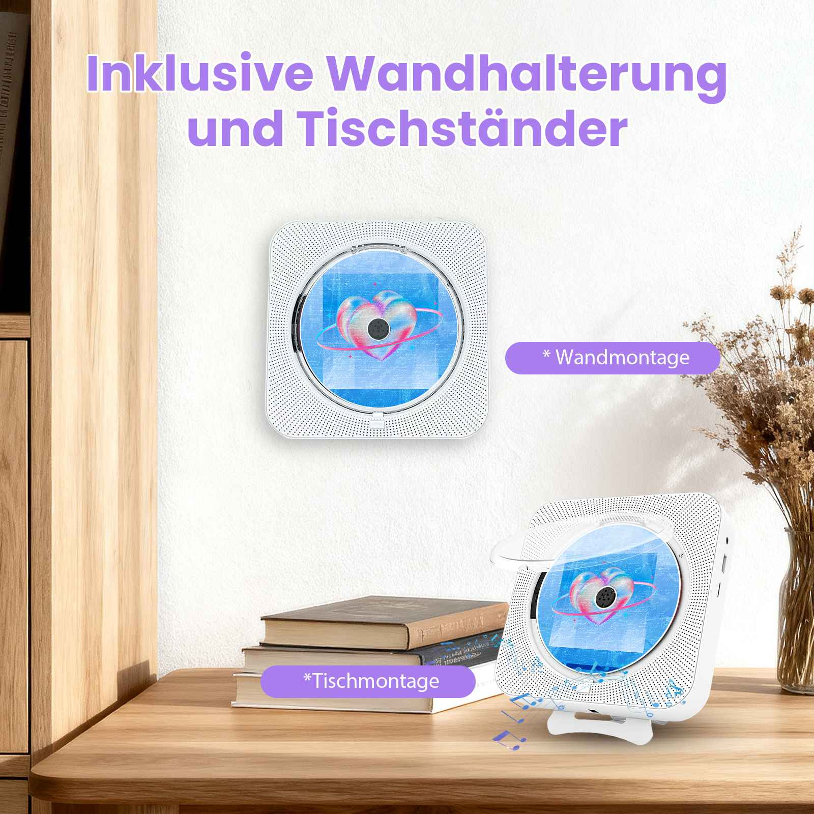 Weißer CD-Player an Wand und Tisch montiert. Text: 'Wandhalterung und Tischständer inklusive'. Bücher und Trockenblumen sichtbar.