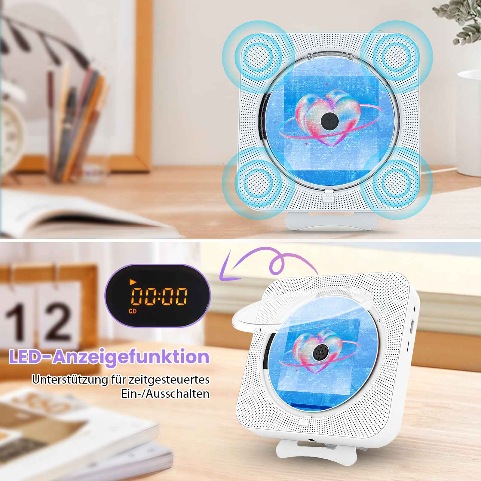 Ein weißer CD-Player mit herzförmigem Design auf der Disc. Weitere Elemente sind eine Uhr mit der Anzeige 00:00 und ein Kalender.