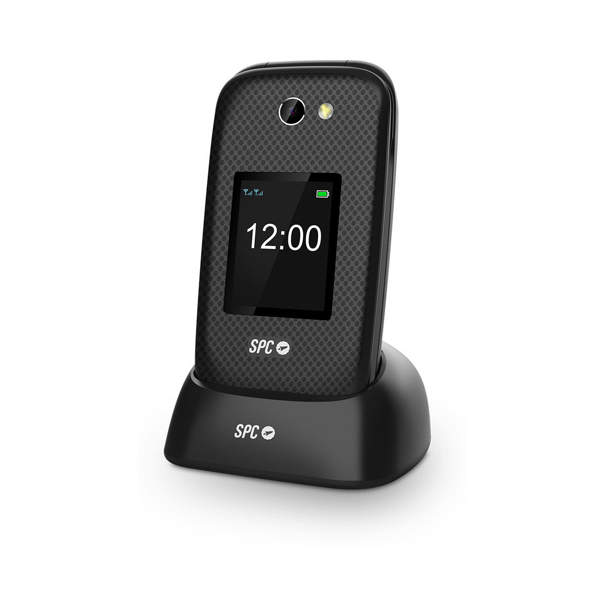 Ein schwarzes Klapphandy steht in seiner Ladestation. Der Bildschirm zeigt 12:00 Uhr an. Telefon und Basis haben das 'SPC'-Logo.