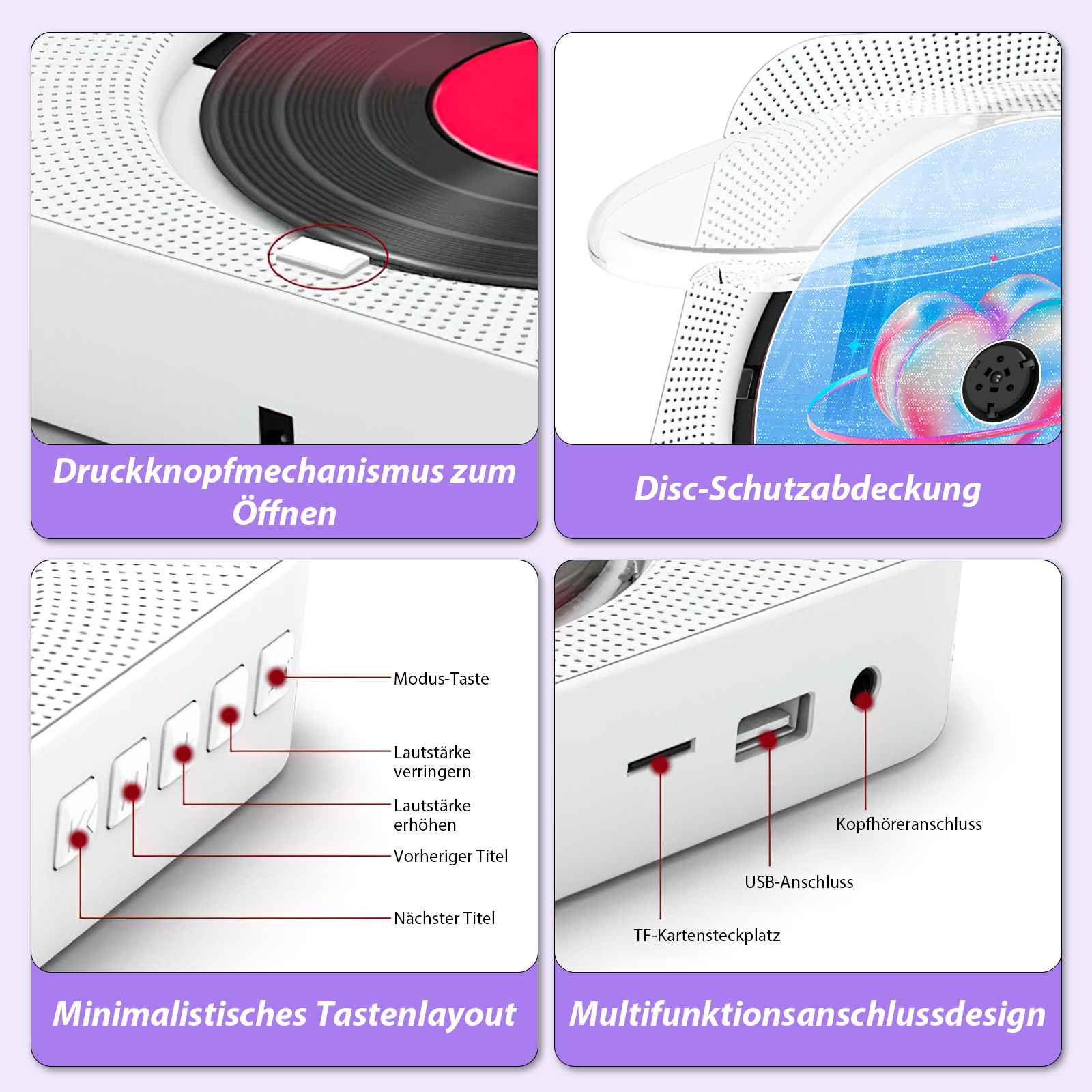 Nahaufnahme eines CD-Players mit Beschriftungen für Knöpfe und Anschlüsse. Er hat ein minimalistisches Tastenlayout und ein Multifunktionsdesign.
