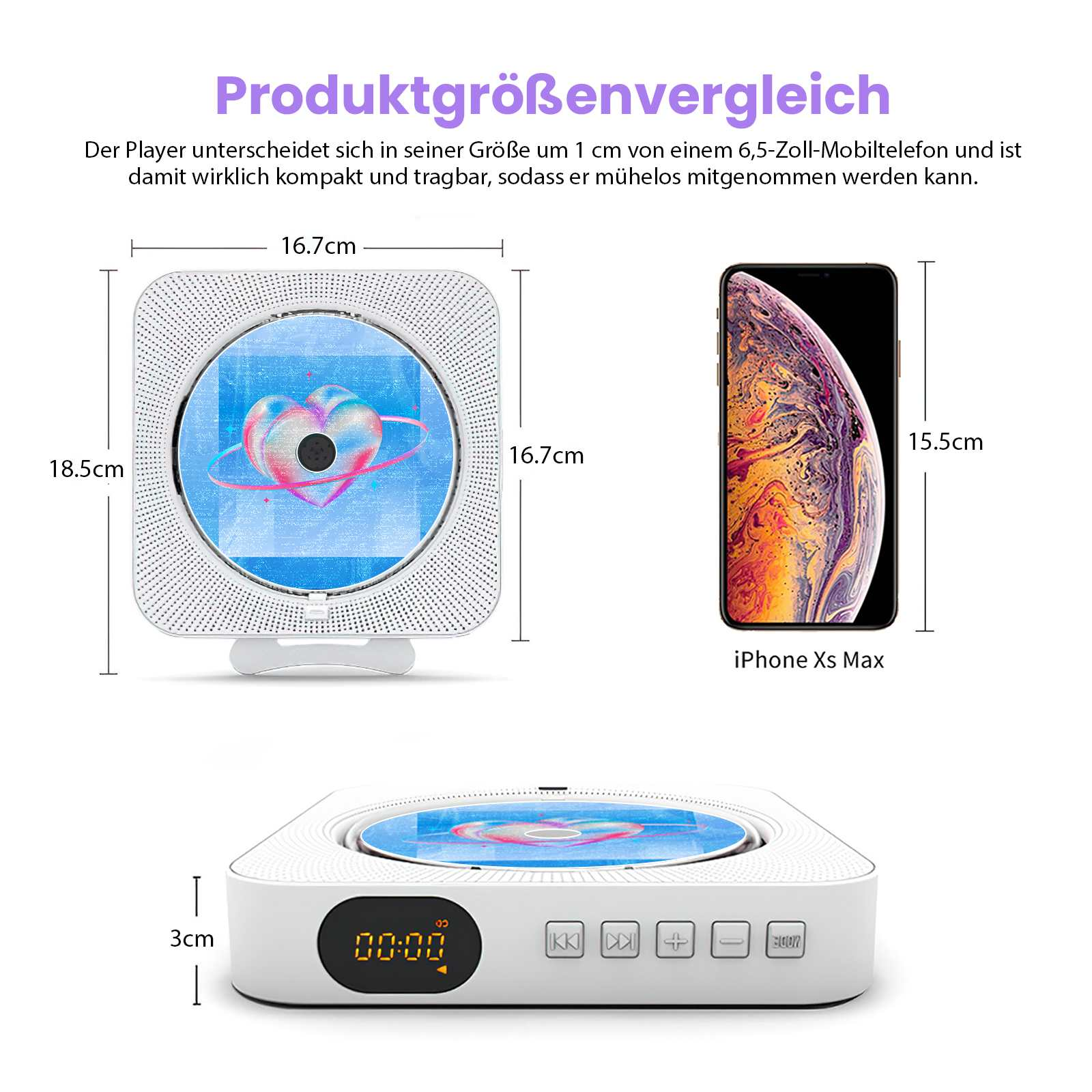 Das Bild zeigt einen CD-Player, ein iPhone Xs Max und Abmessungen. Text vergleicht die Playergröße mit einem Telefon.