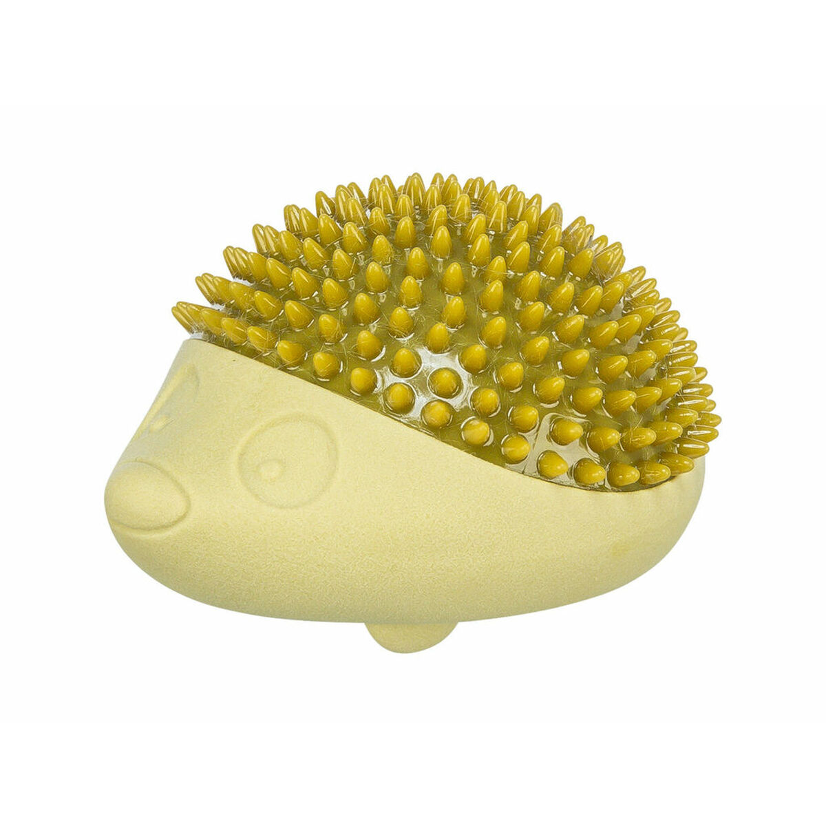 Un giocattolo per cani a forma di riccio giallo. Ha una parte superiore appuntita e un corpo liscio e arrotondato con una piccola coda. Lo sfondo è bianco.