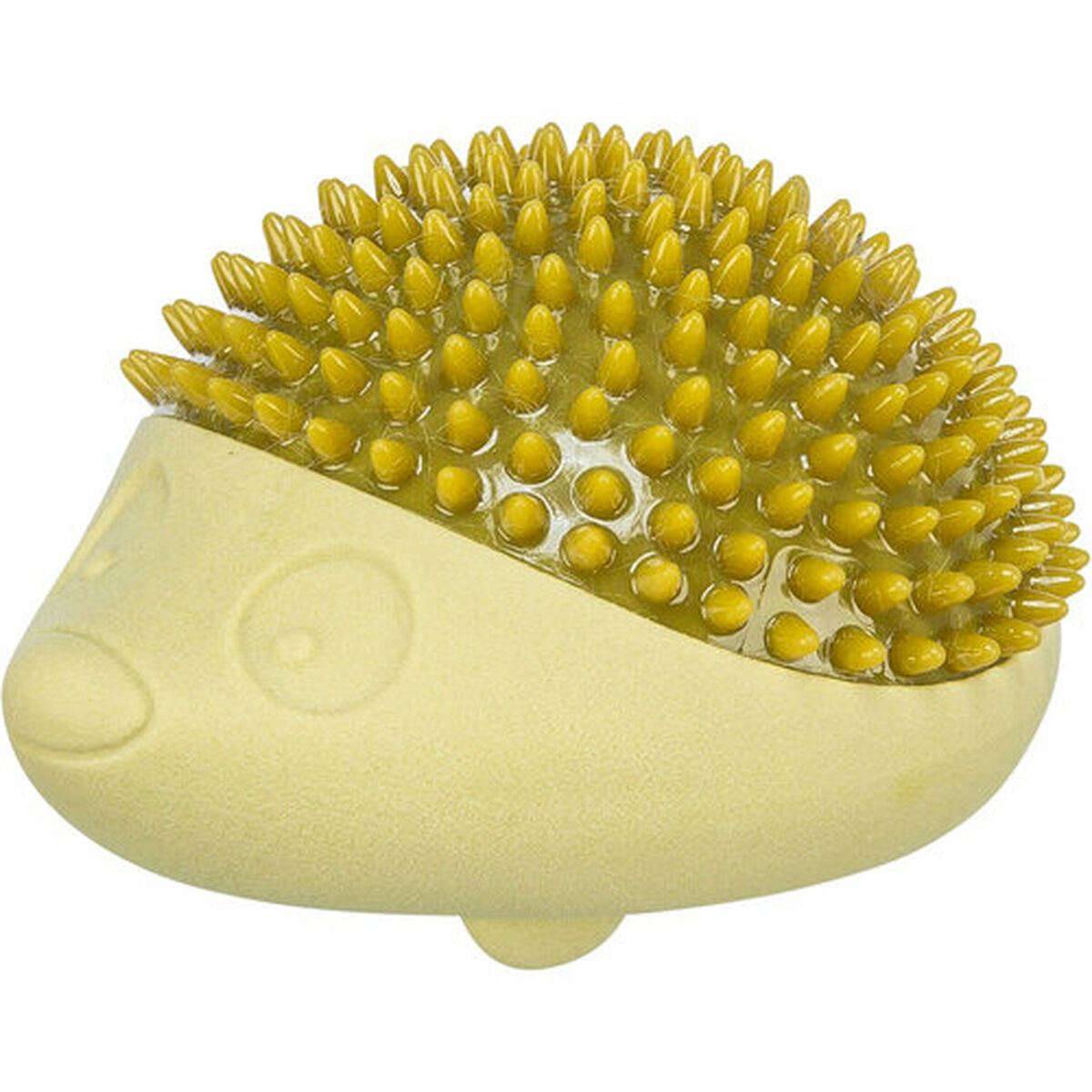 Un giocattolo per cani a forma di riccio giallo. Il corpo è giallo chiaro, con una schiena a spillo e strutturata di colore giallo più scuro.