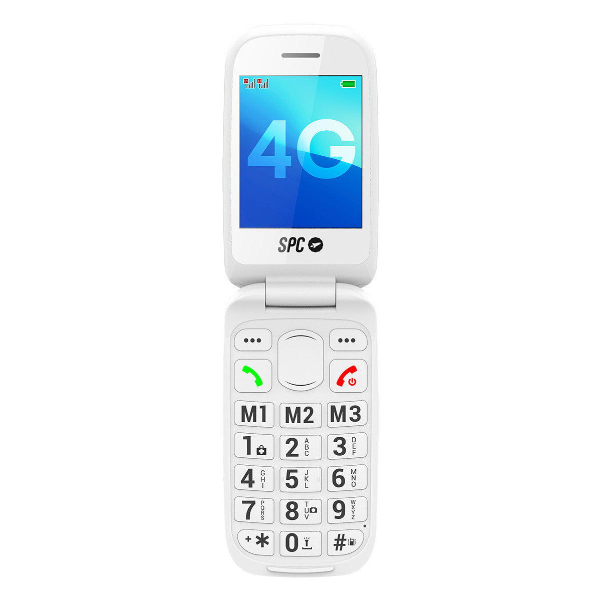 Ein weißes Klapphandy, offen. Der Bildschirm zeigt '4G'. Das Telefon hat große Tasten und eine vereinfachte Benutzeroberfläche.
