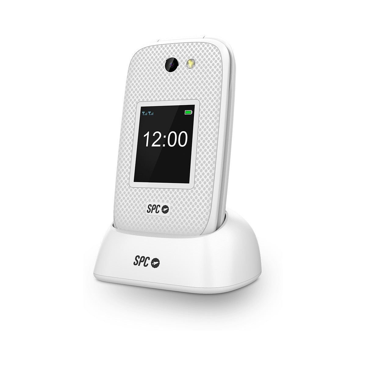 Ein weißes Klapphandy in einer weißen Ladestation. Der Bildschirm zeigt 12:00 Uhr. Telefon und Dock haben das "SPC"-Logo.