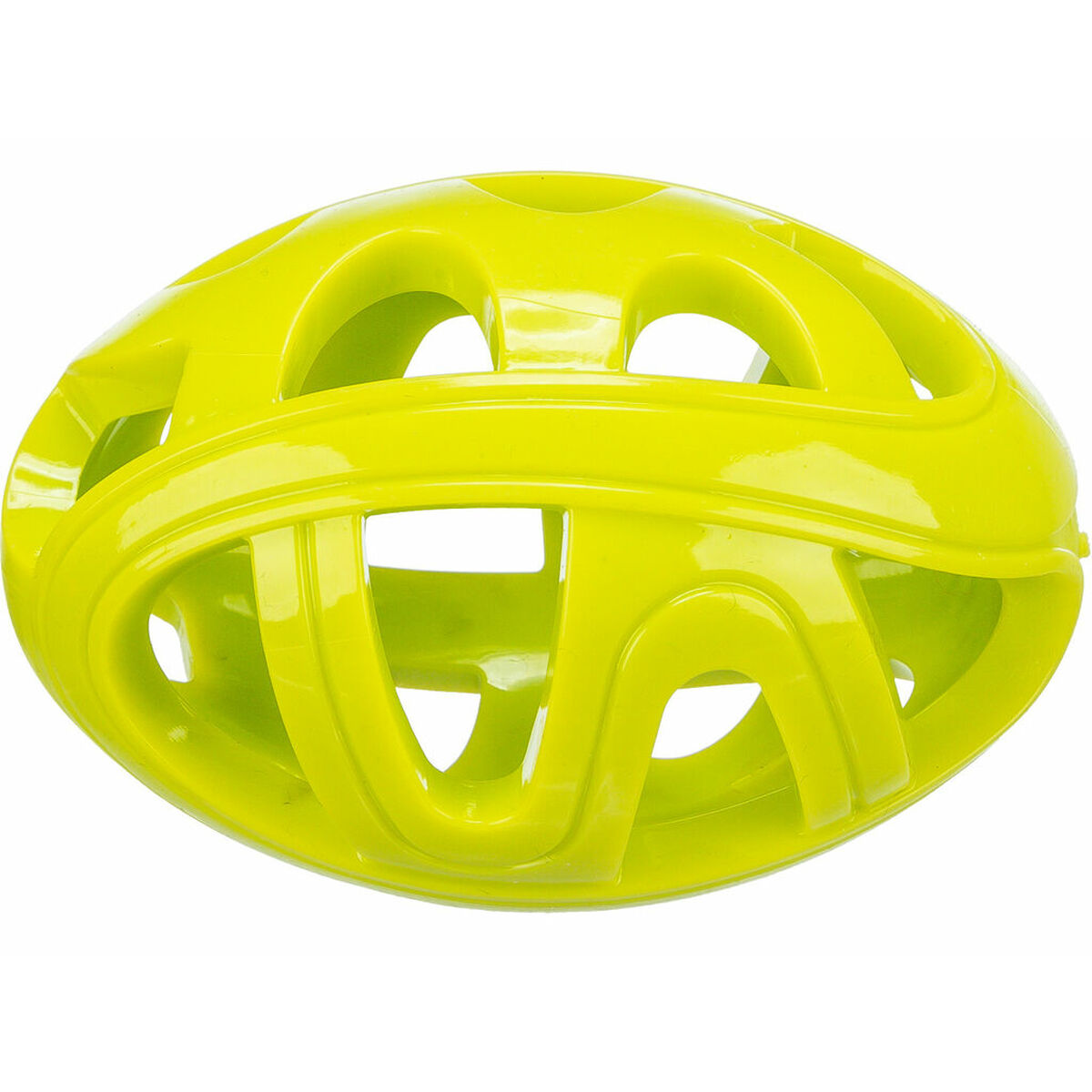Un giocattolo per cani giallo brillante, di forma ovale. Ha un design a gabbia con diverse aperture. Il giocattolo è liscio su sfondo bianco.