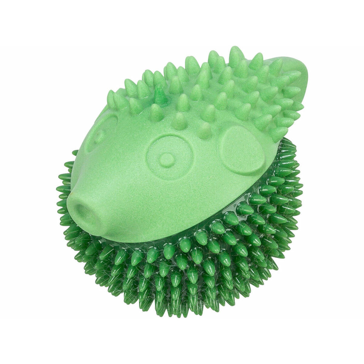 Un giocattolo per cani a forma di riccio verde. Ha un esterno appuntito e una testa liscia con dettagli di occhi e naso.