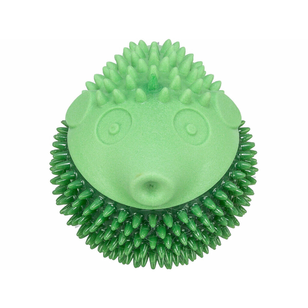 Un giocattolo a forma di riccio verde. Il giocattolo ha una faccia con occhi e bocca. Ha delle spine intorno al corpo.