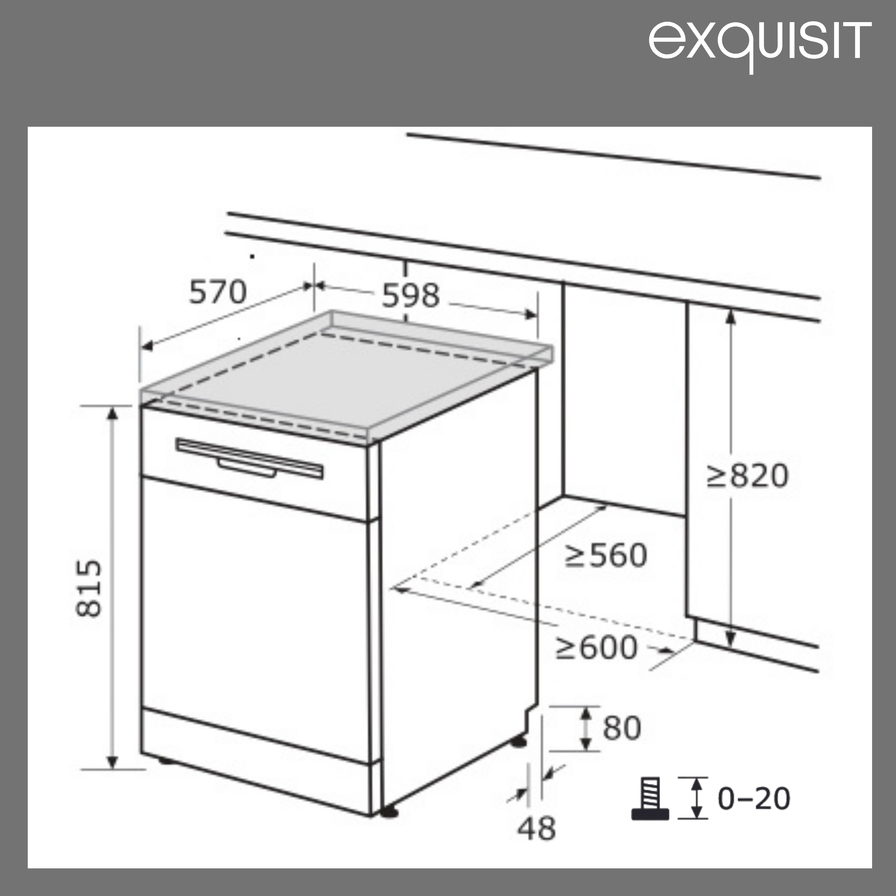 Diagramm eines Einbaugeschirrspülers mit Maßangaben in Millimetern. Der Markenname 'exquisit' steht oben.