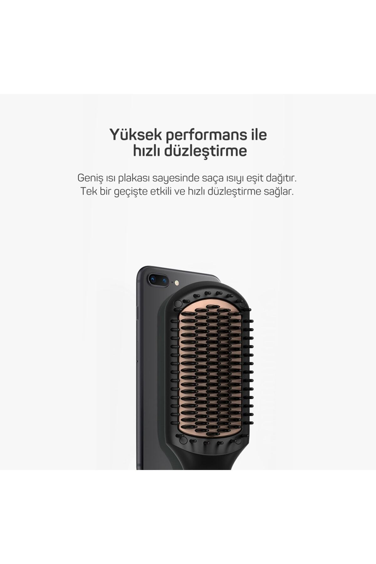 Siyah bir saç düzleştirme fırçası. Üstteki metin, hızlı düzleştirme ile yüksek performans diyor. Isıyı eşit olarak dağıtır.