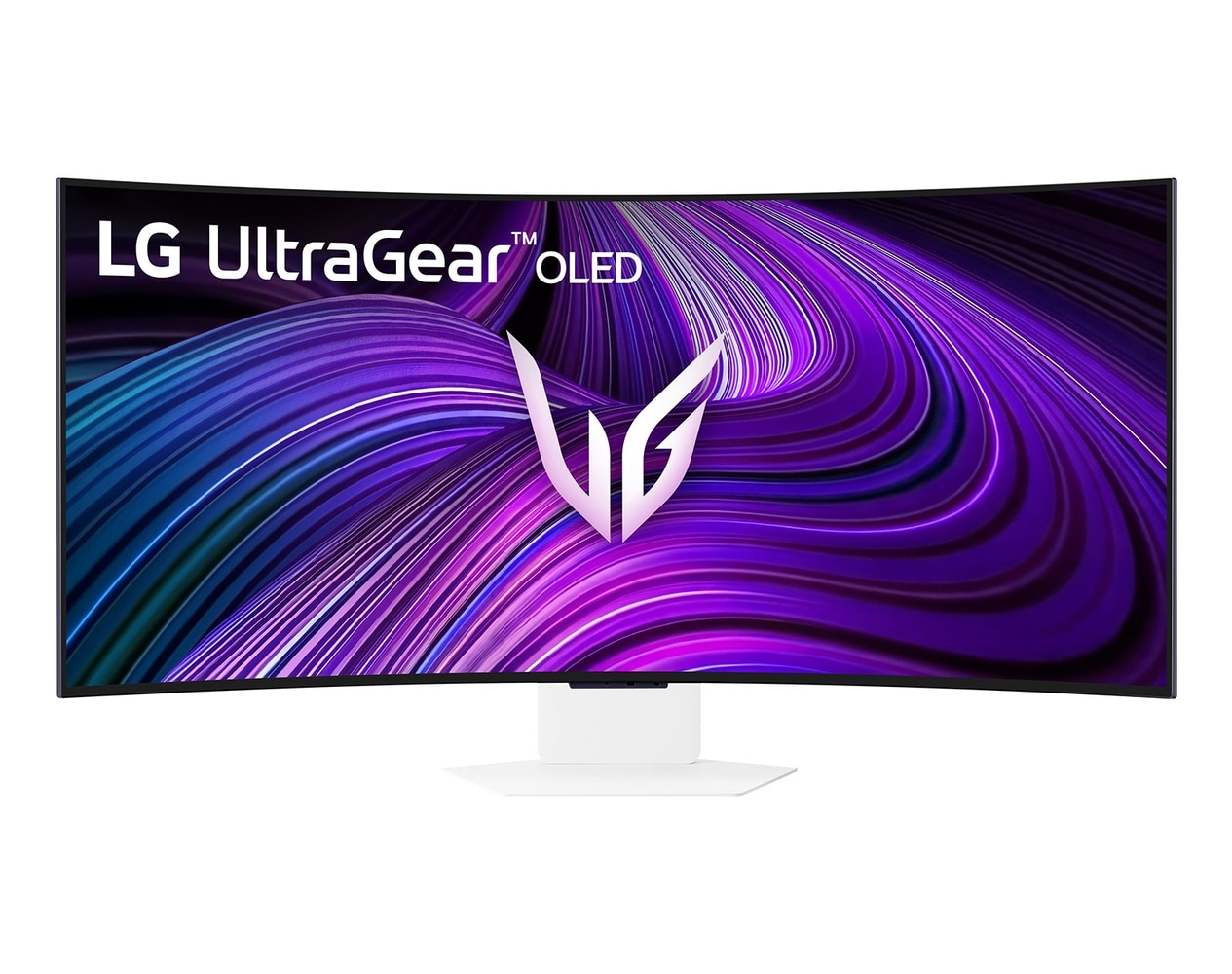 Zakrzywiony monitor LG UltraGear OLED z abstrakcyjnym wzorem w kolorze fioletowym i niebieskim. Monitor stoi na białej podstawie.
