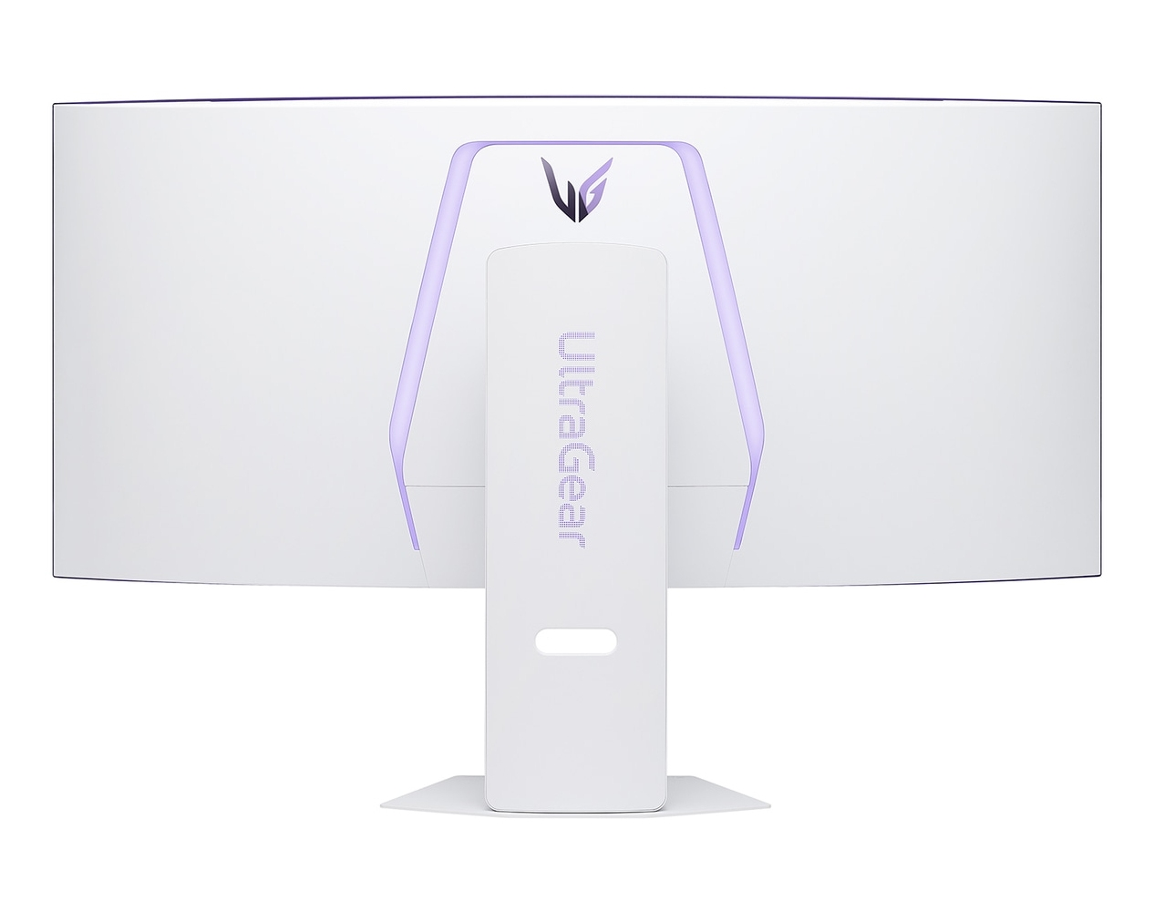 Biały zakrzywiony monitor. Tył ma logo i tekst Ultragear. Na górze fioletowe światło. Stoi na białym stojaku.