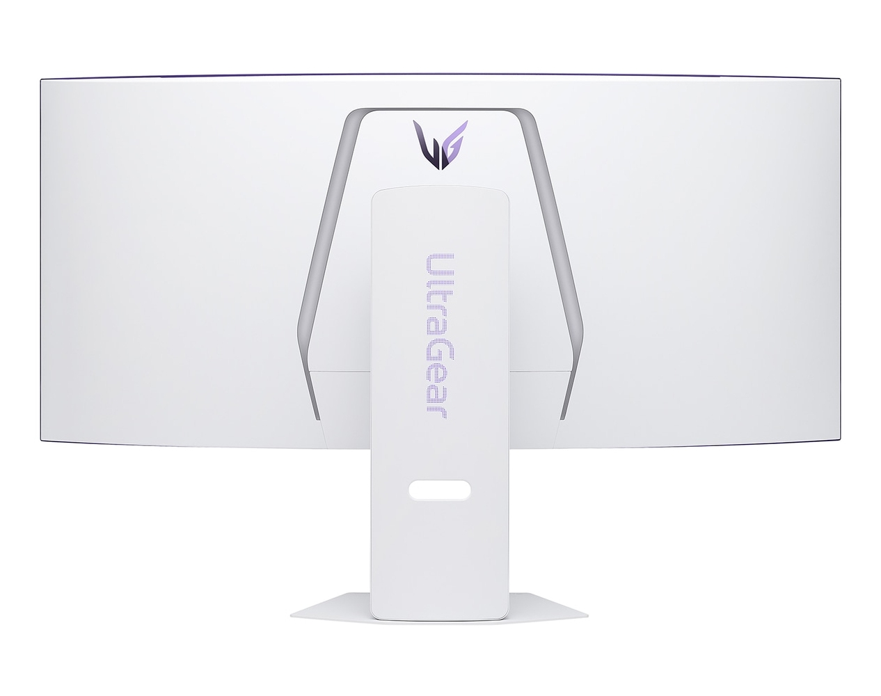 Tył białego, zakrzywionego monitora z podstawką. Widoczne logo Ultragear oraz jego nazwa. Monitor stoi na białej powierzchni.