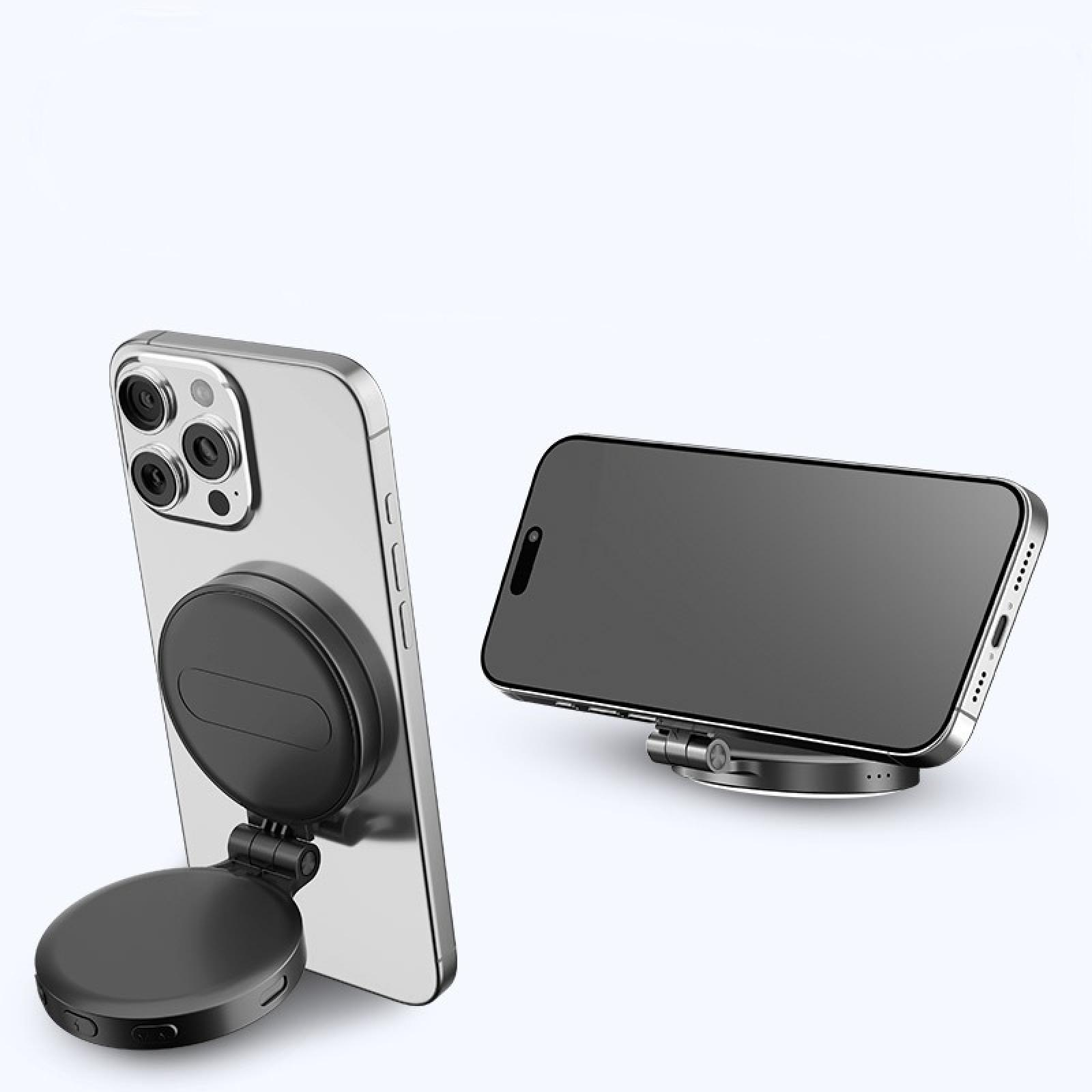 Zwei Telefone mit Magnetständern. Ein Telefon ist an einem Ständer befestigt, das andere steht auf einem Ständer. Beide sind schwarz und silber.