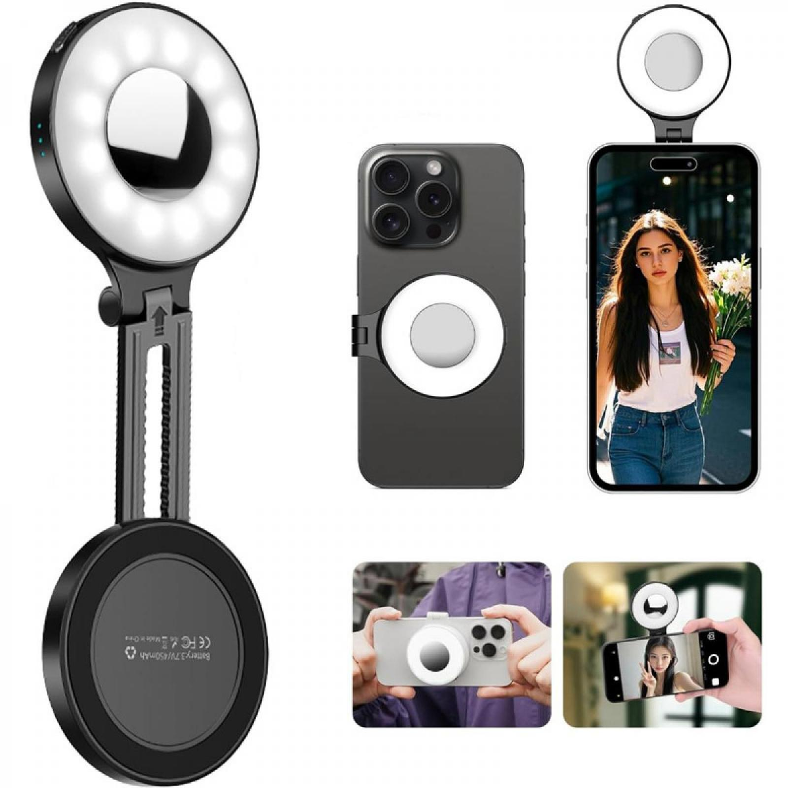 Ein Ringlicht mit Telefonhalter, ein Telefon mit Selfie-Licht und eine Person mit Telefon in der Hand.