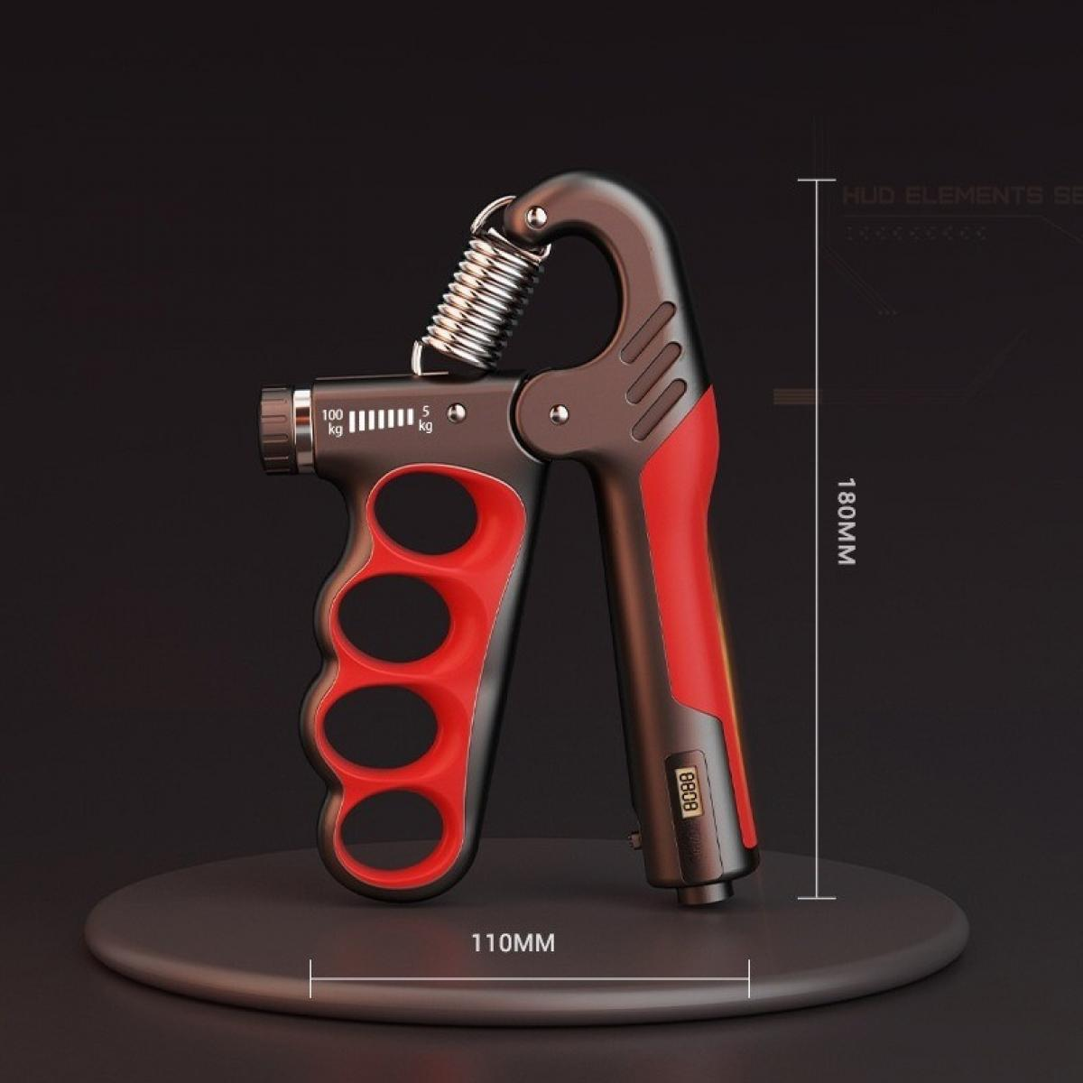 Handgriff-Trainer, schwarz und rot, auf einer dunklen Plattform. Es hat ein digitales Display und eine Feder.