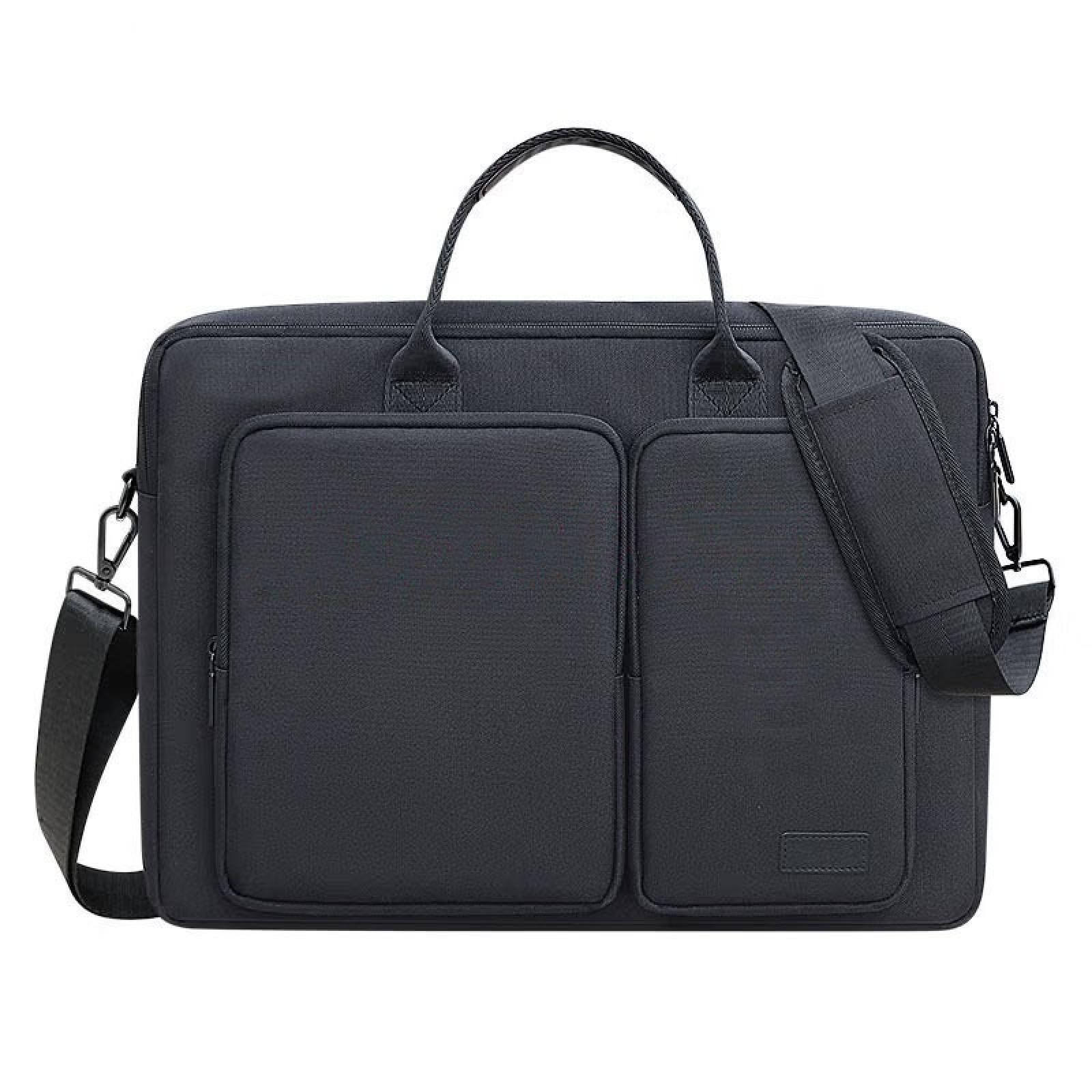 Schwarze Laptoptasche mit zwei Vordertaschen, einem Griff und einem Schultergurt. Die Tasche ist rechteckig und aus Stoff.