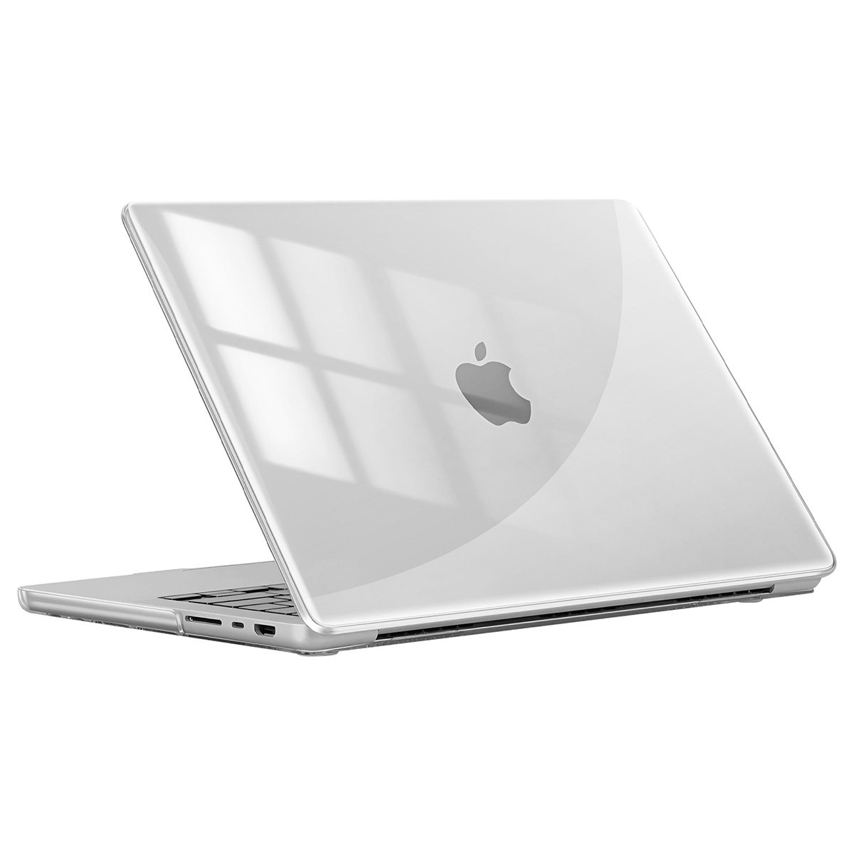 Un laptop MacBook argentato, con una cover trasparente, che mostra il logo Apple. Il laptop è leggermente angolato, con lo schermo aperto.