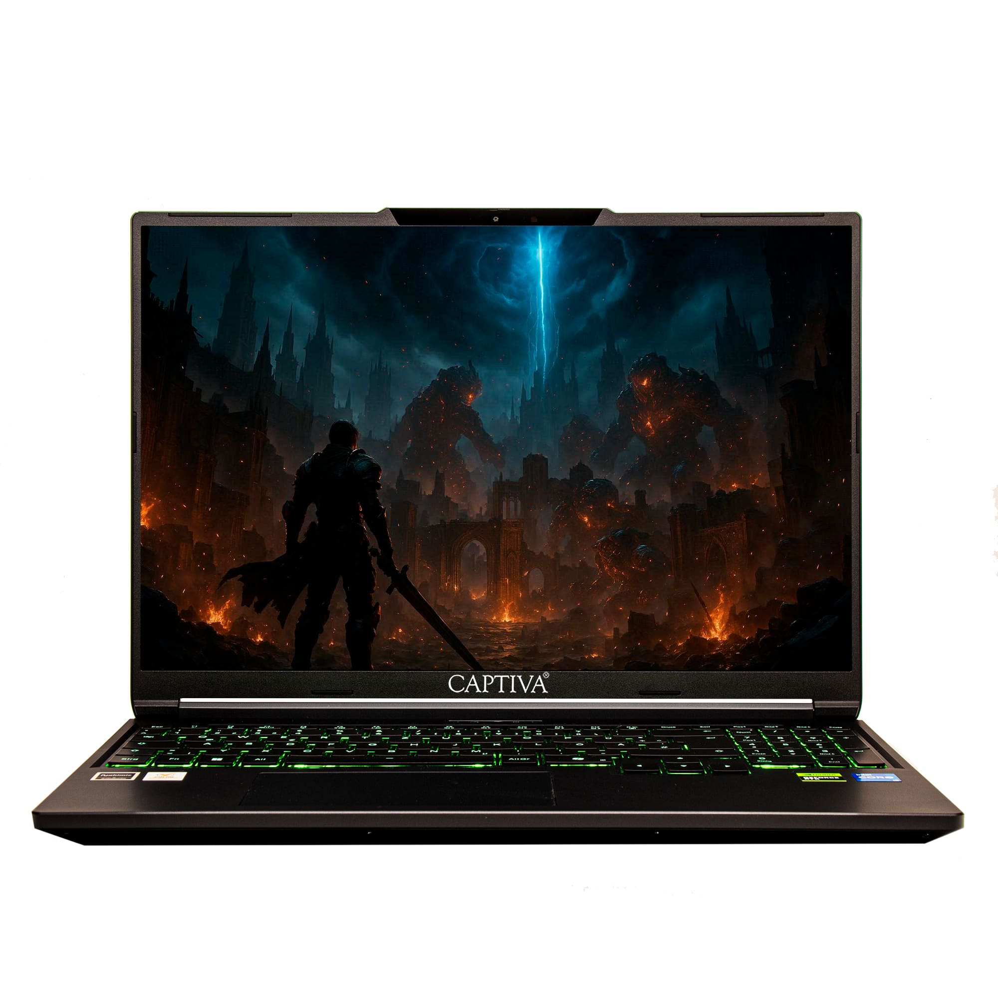 Czarny laptop z fantastyczną sceną na ekranie. Ekran przedstawia wojownika, potwory i miasto pod burzliwym niebem.