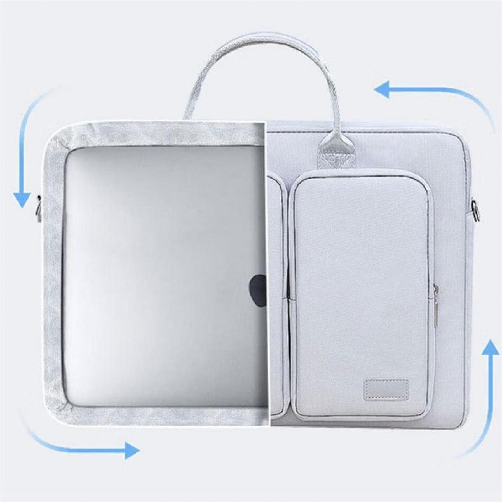 Eine hellgraue Laptoptasche mit Griff, einem Laptop im Inneren und einer Vordertasche. Pfeile zeigen Öffnen/Schließen an.