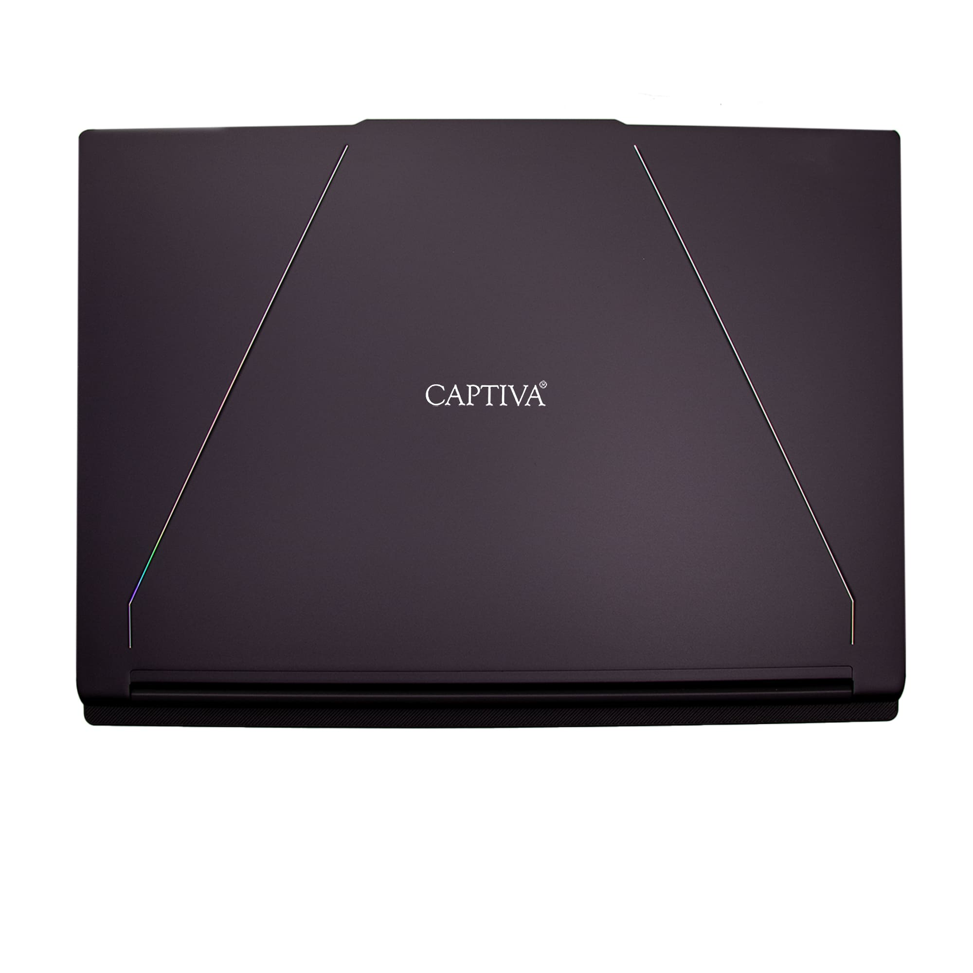 Ciemny widok z góry na laptopa z białymi liniami i logo CAPTIVA. Tło jest białe.