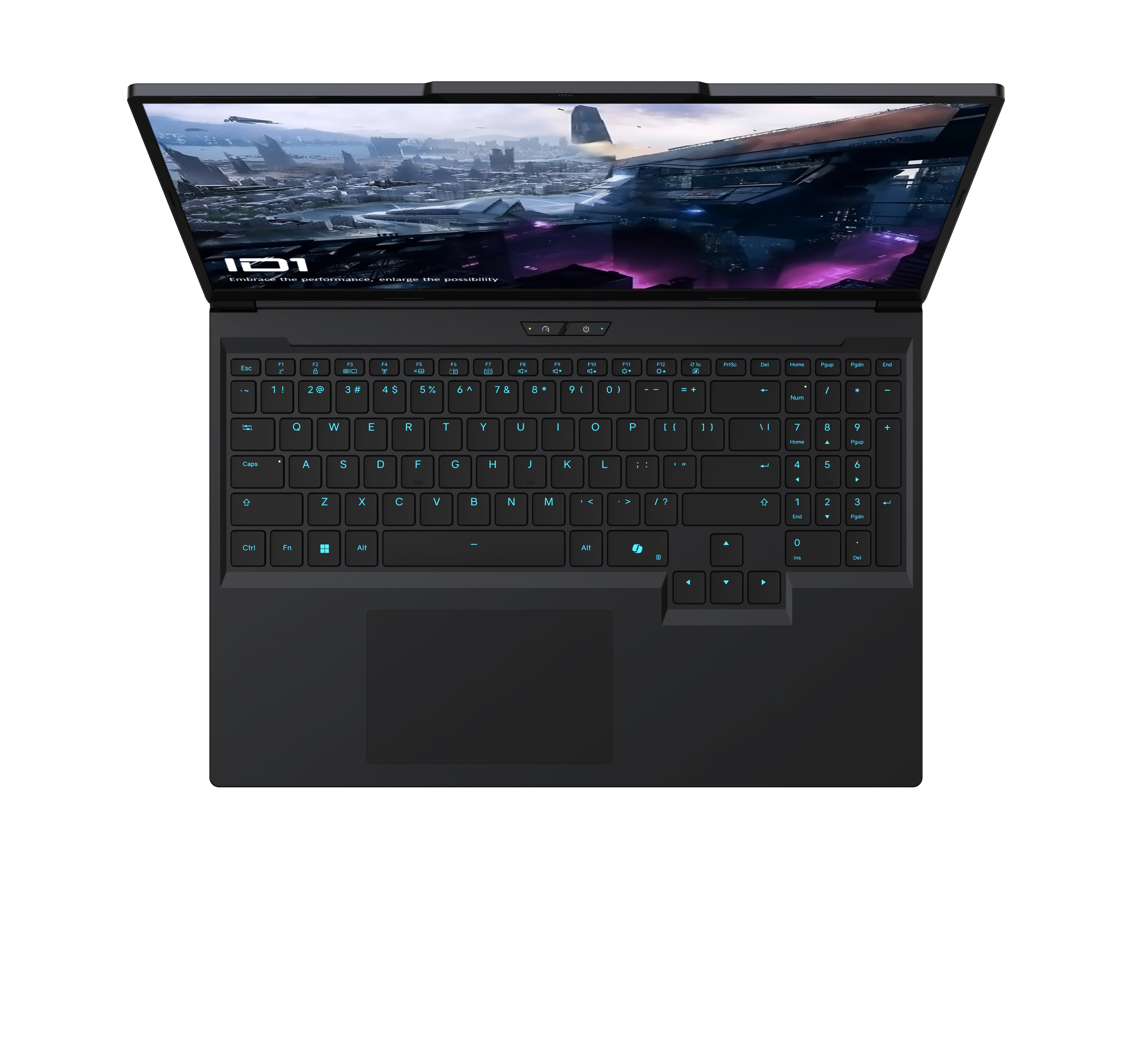 Czarny laptop, otwarty. Ekran wyświetla futurystyczne miasto. Klawiatura widoczna, podświetlane klawisze.