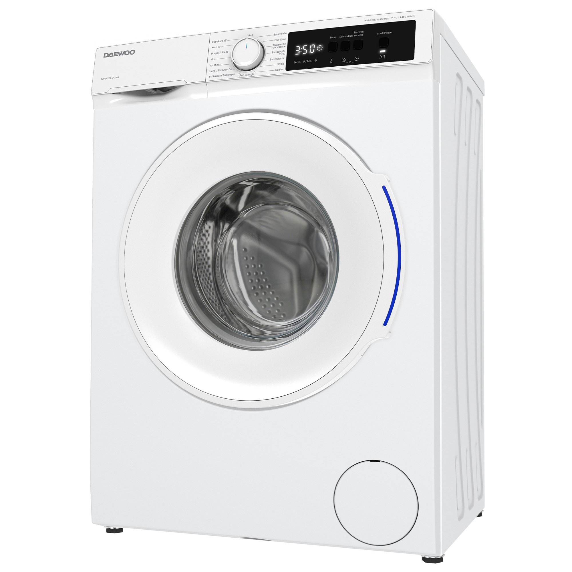 Eine weiße Daewoo-Waschmaschine. Mit runder Tür, Bedienfeld und Digitalanzeige 3:50. Blauer Akzent an der Tür.