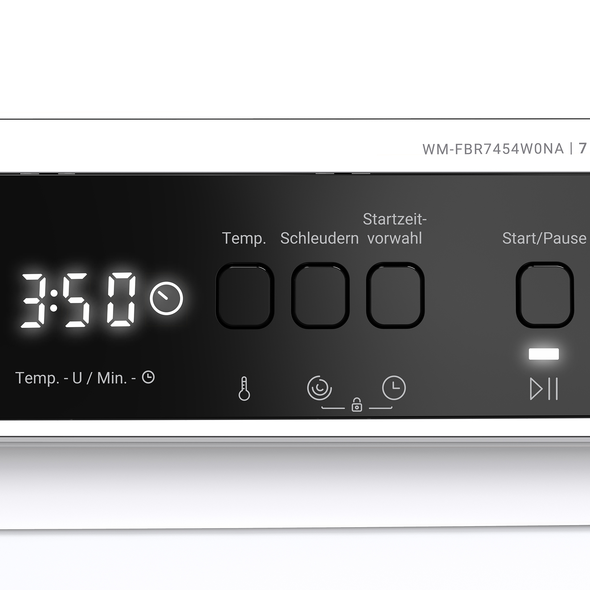 Nahaufnahme eines Waschmaschinen-Bedienfelds mit Anzeige von Zeit, Temperatur und verschiedenen Funktionstasten mit Symbolen.