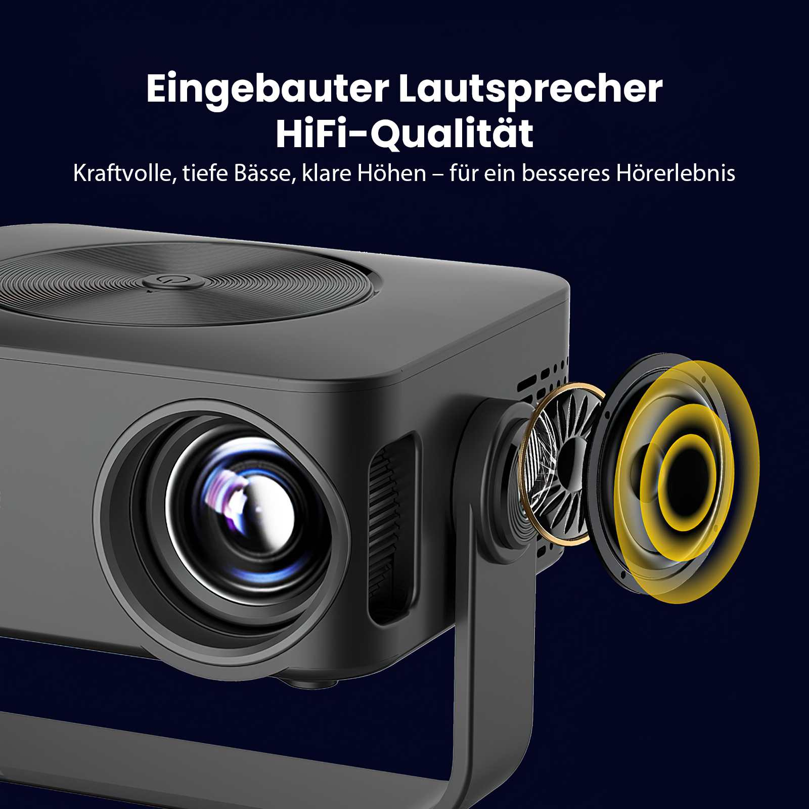 Schwarzer Projektor mit Lautsprecherdetail. Text sagt HiFi-Qualität, tiefe Bässe, klare Höhen für besseres Hören.