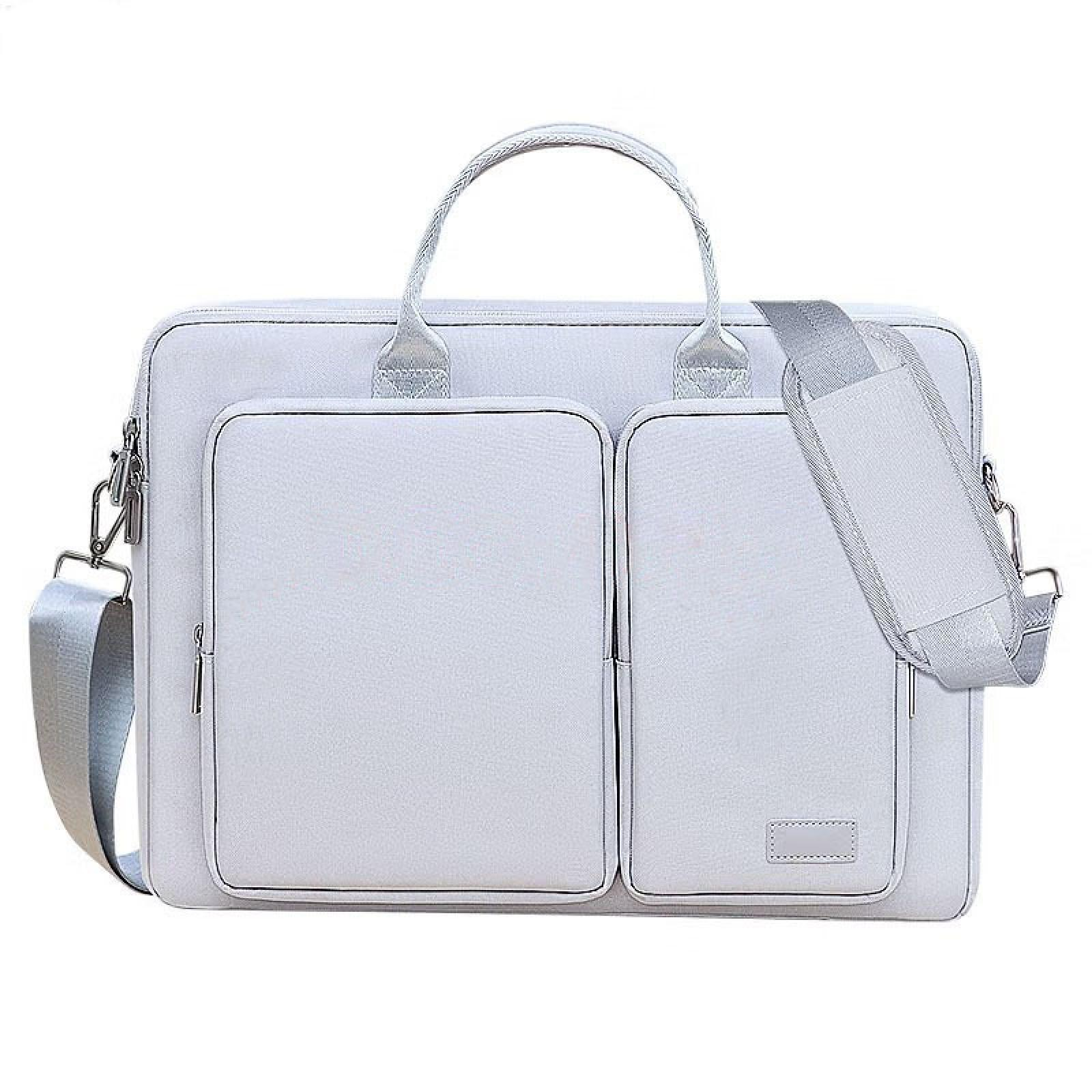 Eine hellgraue Laptoptasche mit zwei Vordertaschen, einem Griff und einem Schultergurt. Isoliert auf weißem Hintergrund.