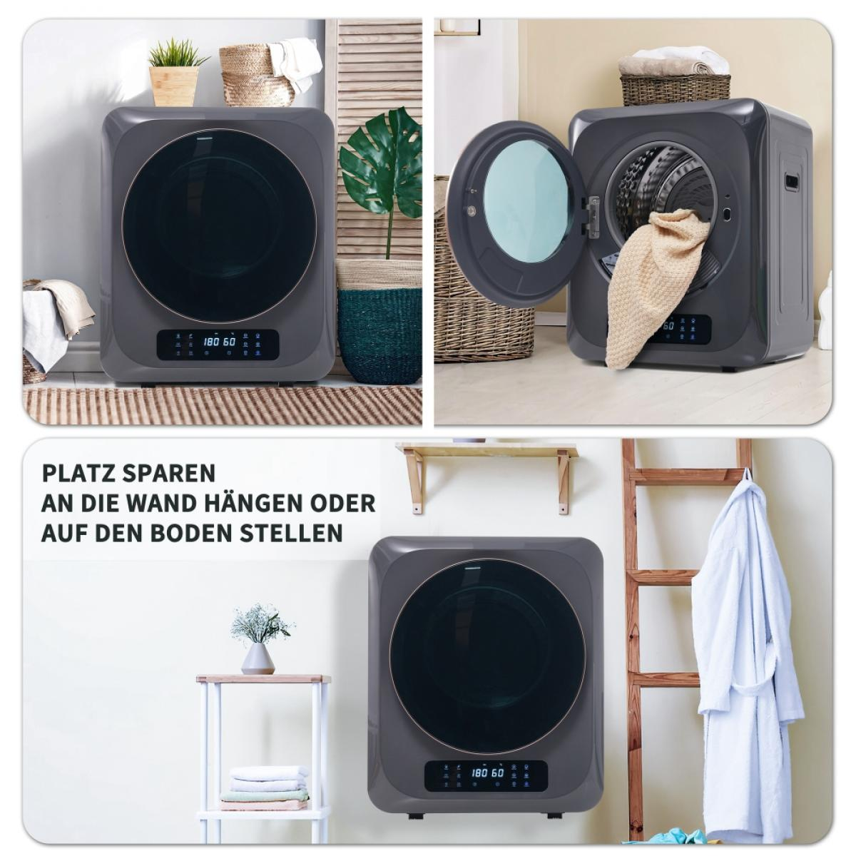 Drei Bilder zeigen einen grauen Trockner mit runder Tür. Einer offen mit Handtuch, einer geschlossen und einer an der Wand mit Bademantel.