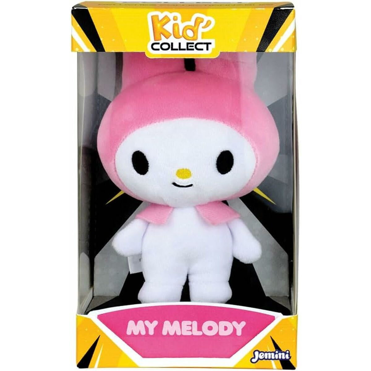 Ein My Melody Plüschtier in einer durchsichtigen Box. Es hat eine rosa Kapuze, einen weißen Körper und schwarze Augen. Auf der Box steht 'Kid Collect' und 'My Melody'.