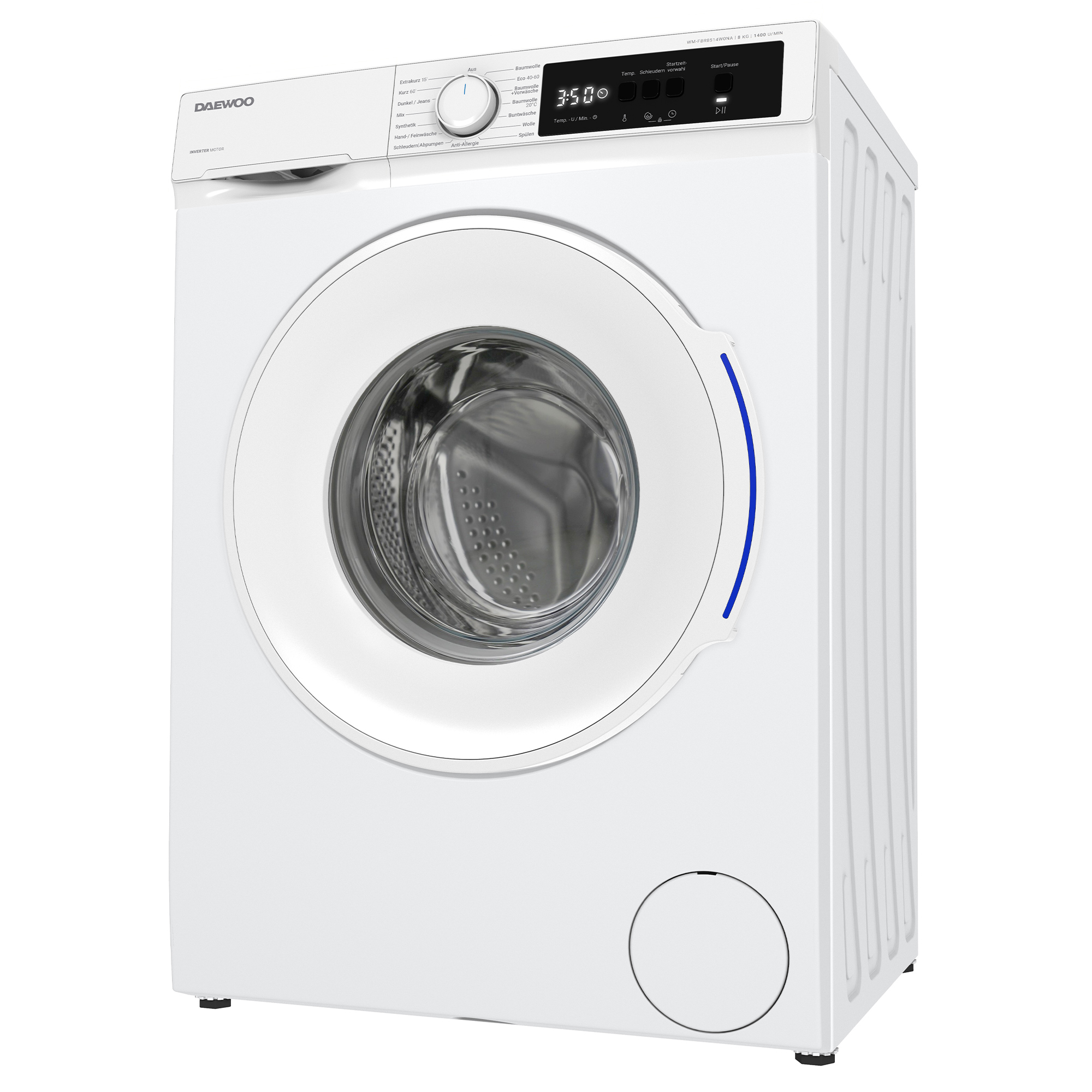 Weiße Daewoo Waschmaschine. Sie hat ein Rad und eine Digitalanzeige. Die Tür hat einen blauen Akzent. Die Zeit zeigt 3:50.