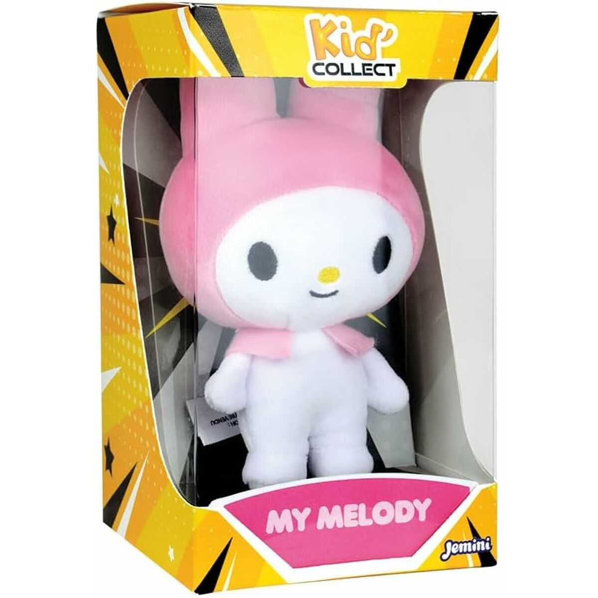 My Melody Plüschtier in einer Box. Das Spielzeug ist rosa und weiß. Die Box ist gelb und schwarz mit dem Schriftzug "Kid Collect".