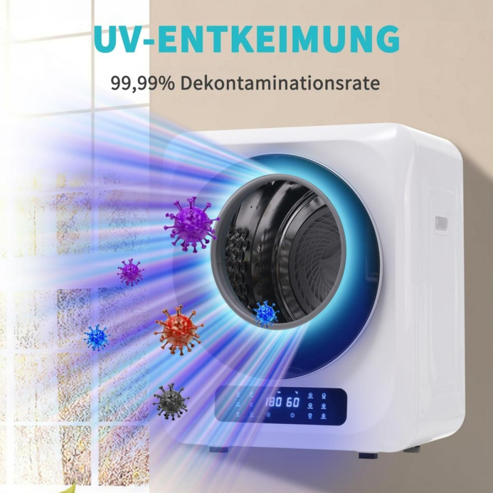 Ein weißer UV-Sterilisator mit blauem Licht. Verschiedene farbige Virusillustrationen schweben darum. Text: UV-ENTKEIMUNG, 99,99 % Dekontaminationsrate.