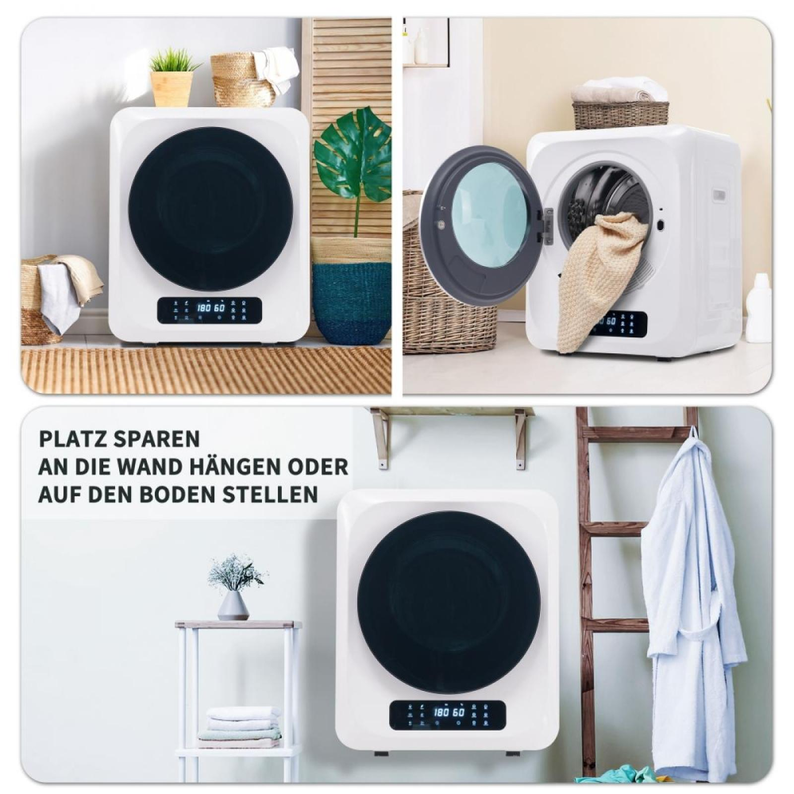 Ein weißer, runder Trockner mit schwarzem Zentrum. Er hat eine Digitalanzeige und wird in verschiedenen Einstellungen gezeigt.
